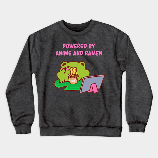 Powered by anime and ramen, anime fan, funny anime quote, cute anime lover frog Crewneck Sweatshirt by Tinyarts